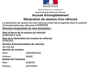 Reception de l'accuse d'enregistrement de déclaration de cession